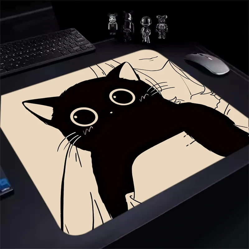 Black Cat Illustration Mouse Pad 450x400mm Computer Office Table Mat Waterproof Non-slip Rubber with Precision Lock Edge Deskmat