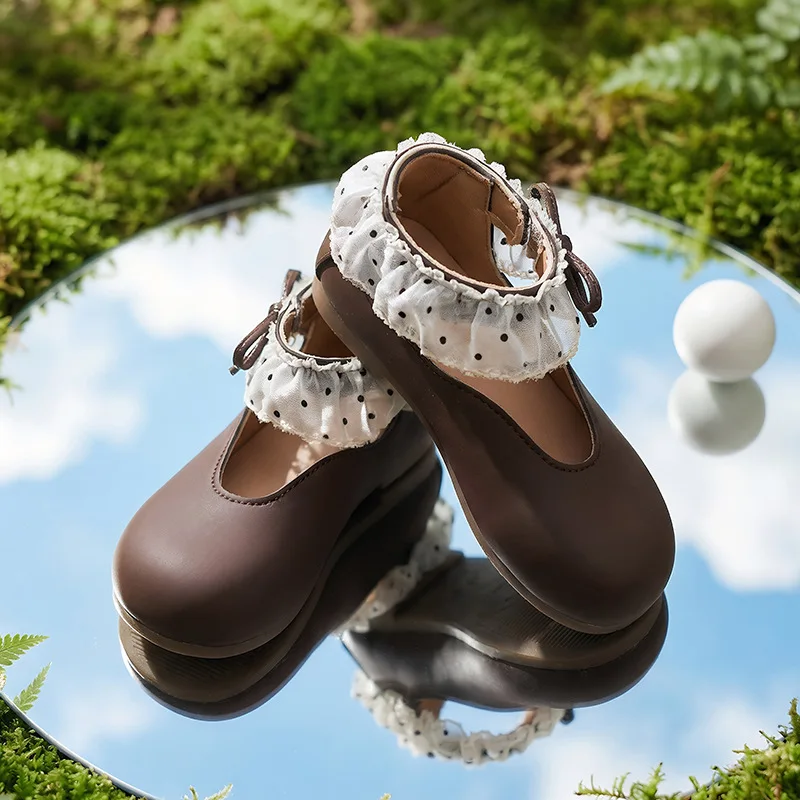 Children Princess Flat Shoes Lolita Style Girls Fashion Dress Leather Shoes Polka Dot Bow Kids Ballet Mary Jane Shoes for Party