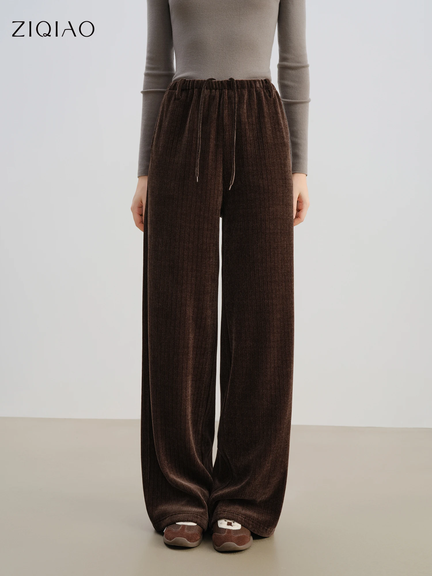 

ZIQIAO 2025 Winter Women's Retro Chenille Straight Leg Floor-Length Pants - High Waist Flowy Trousers for Daily Casual Wear