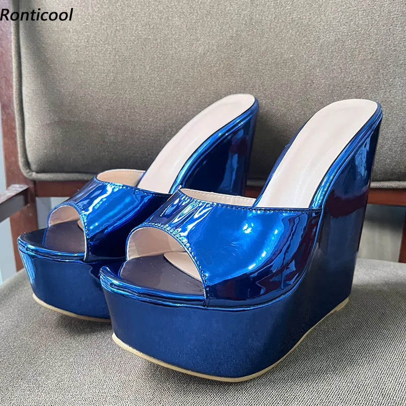 Ronticool Women Summer Mules Sandals Wedges Heels Round Toe Beautiful Metallic Blue Fuchsia Dress Shoes Ladies US Plus Size 5-20