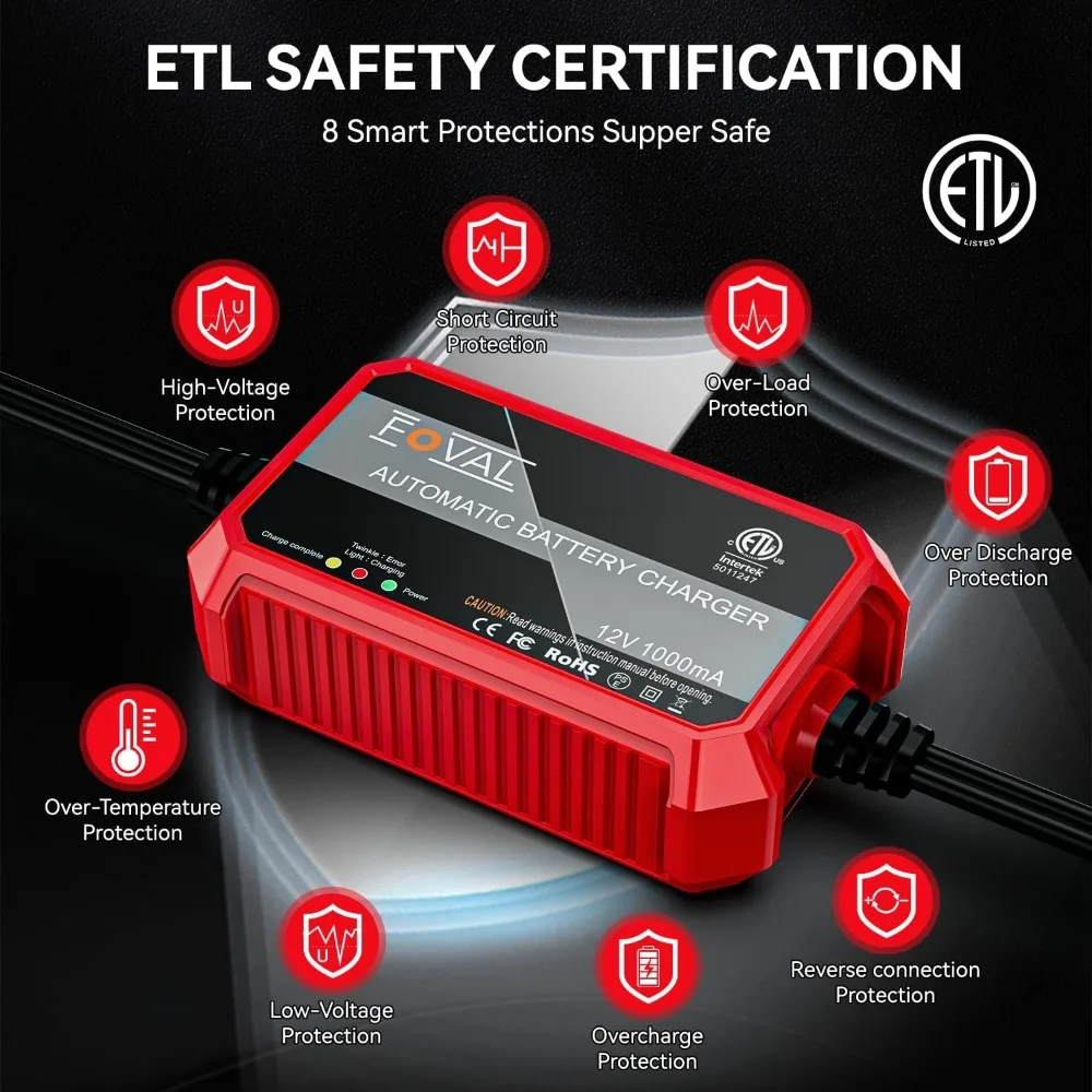 [عبوة من قطعتين] شاحن هزيلة أوتوماتيكي بالكامل، شاحن بطارية السيارة الذكية 1000 مللي أمبير 12 فولت، صيانة البطارية، شاحن عائم للموتو