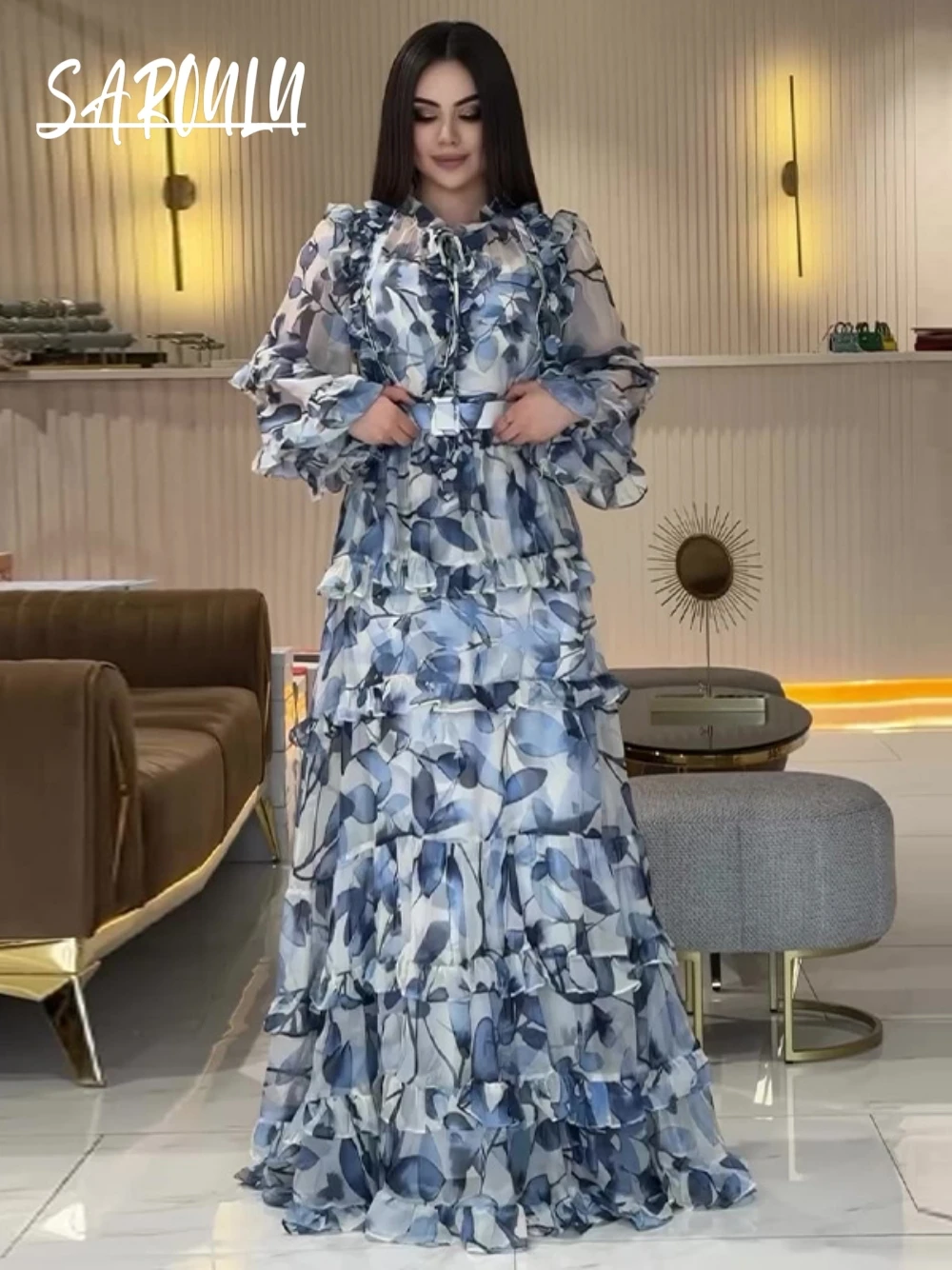 Tiered Ruffled Romantic Evening Dress Hot Sale Elegant A Line Charming Patterned Cocktail Gown With Belt Spring Autumn