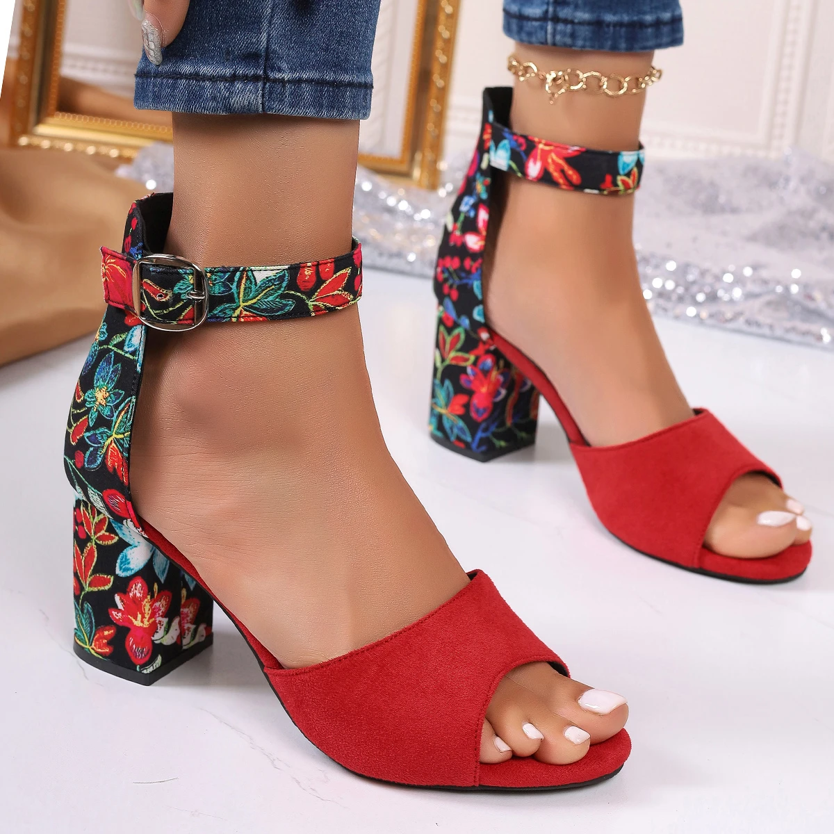 Women\'s Sandals Summer New High Heel Open Toe Embroider Chunky Heels Buckle Sandals Fashion Simple Women Sandals Q230