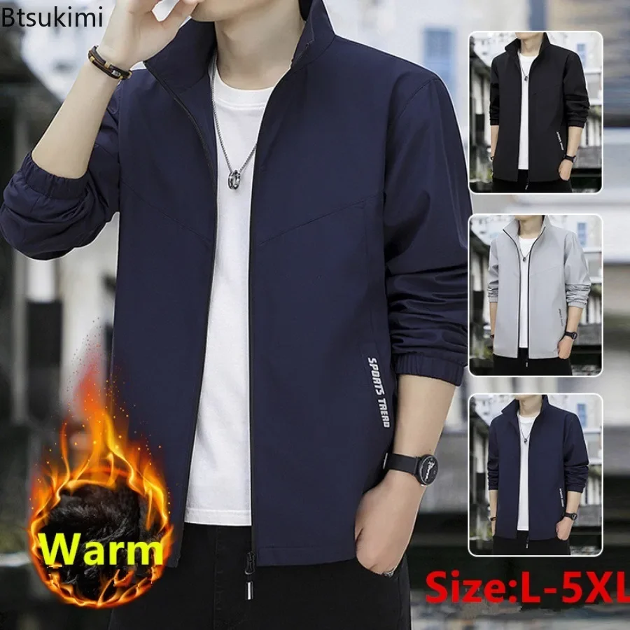 2026 Men's Casual Oversized Bomber Jackets Autumn Winter Stand Collar Warm Jackets Male Sportswear Solid Windbreaker Coats Men
