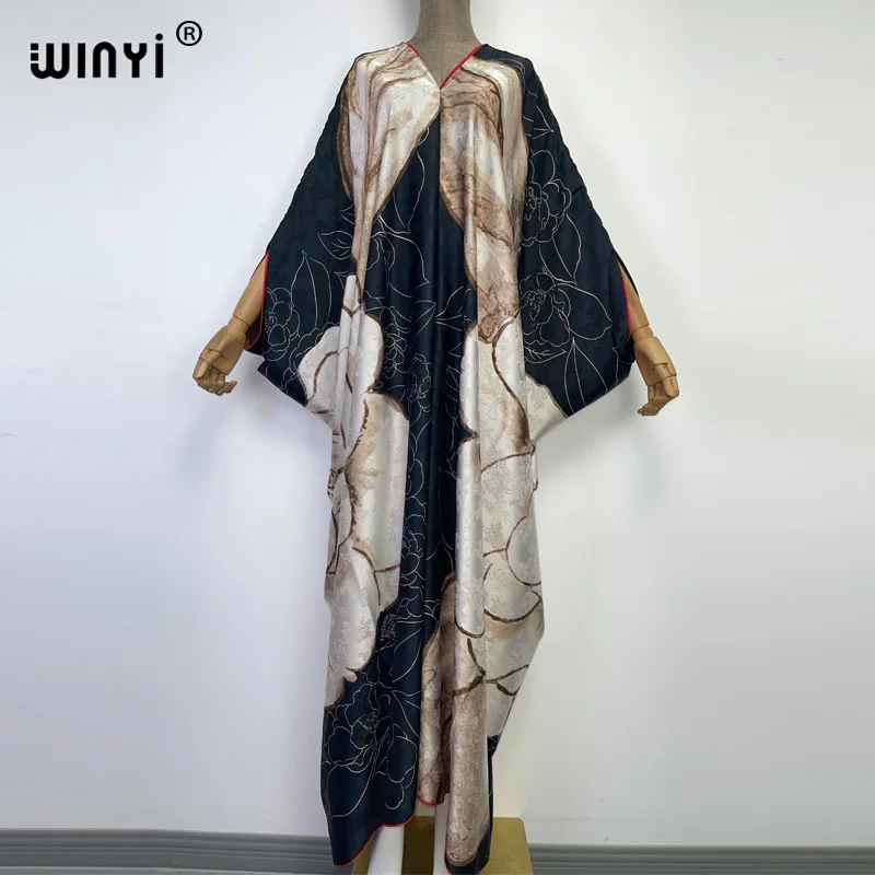 

2023 NEW WINYI Bohemian Summer Beach Dress High Quality Double Sided Printing Elegant silk dress Women Evening party kaftan