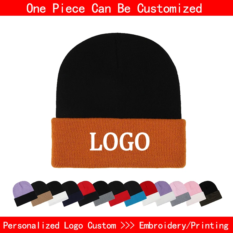 Customized Beanies Embroidered/Printed Logo Winter Keep Warm Cap Unisex Color Block Warm Ear Protection Girs Outdoor Knitted Hat