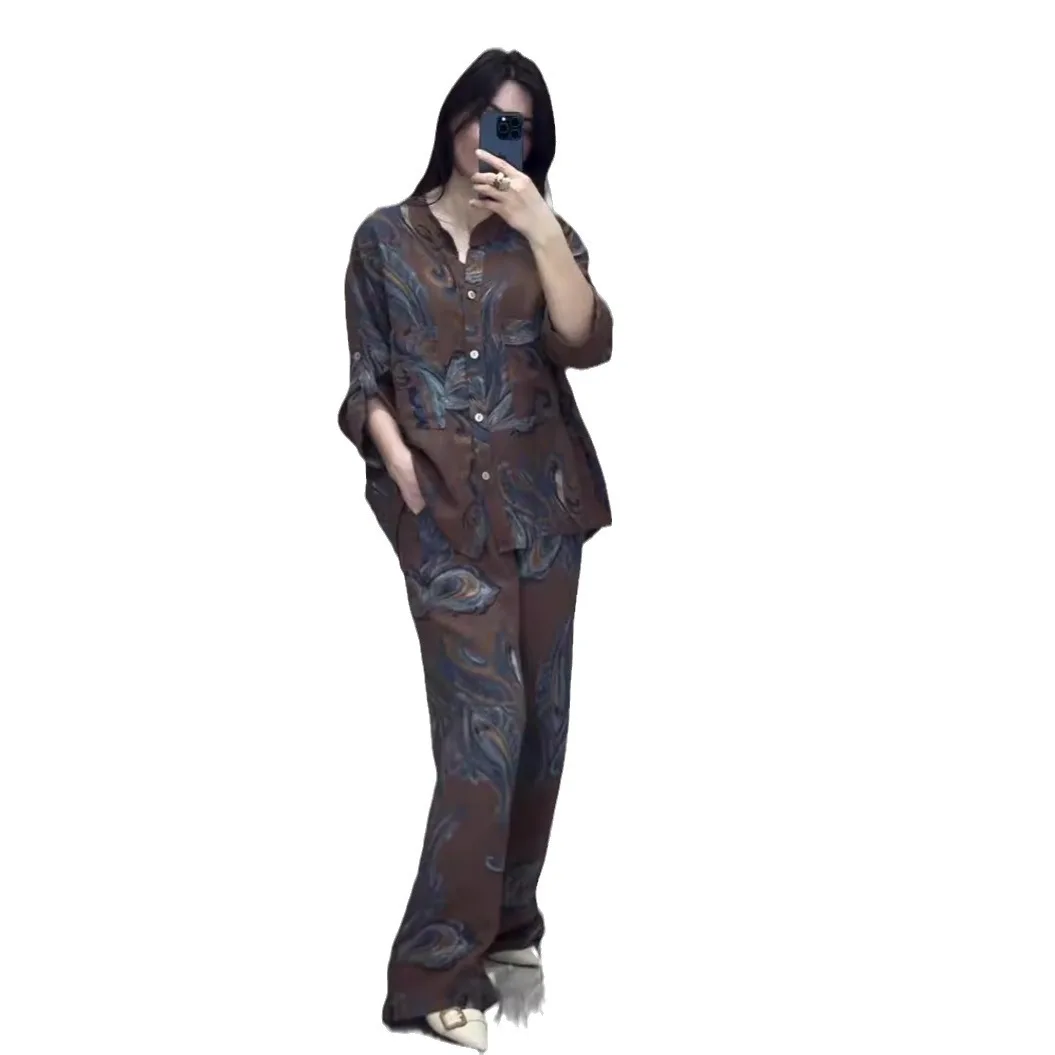 Two Piece Sets Print Shirt Wide Leg Pants Women Muslim Casual Suits Arab Musulman Ensembles Moroccan Kaftan Ramadan Outfits