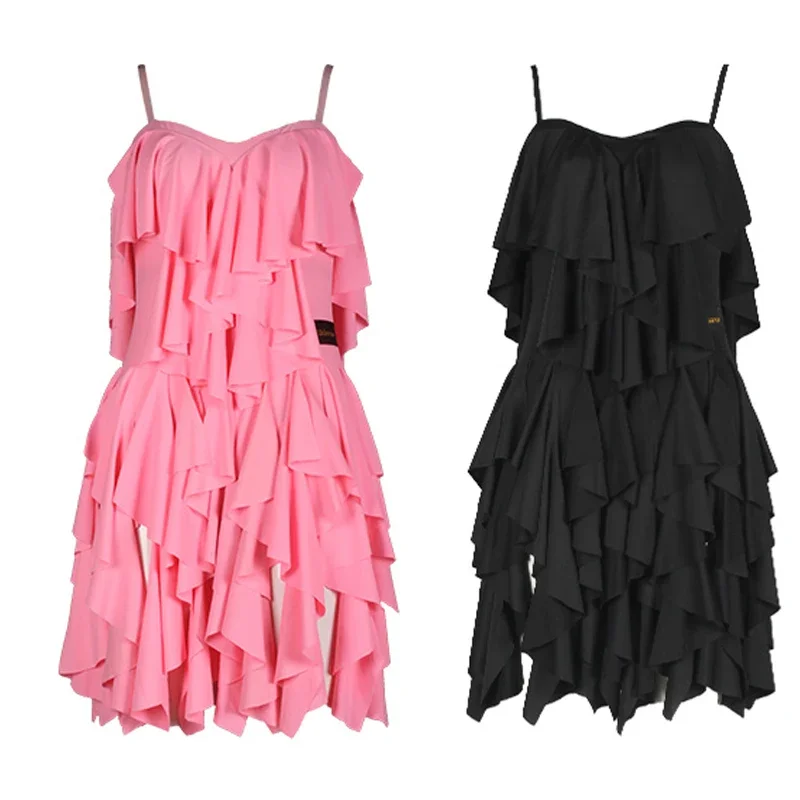 여성 핑크 블랙 라틴 원피스 볼룸 댄스 대회, 원피스 무도회 원피스, 오픈 백 러플 라틴 댄스