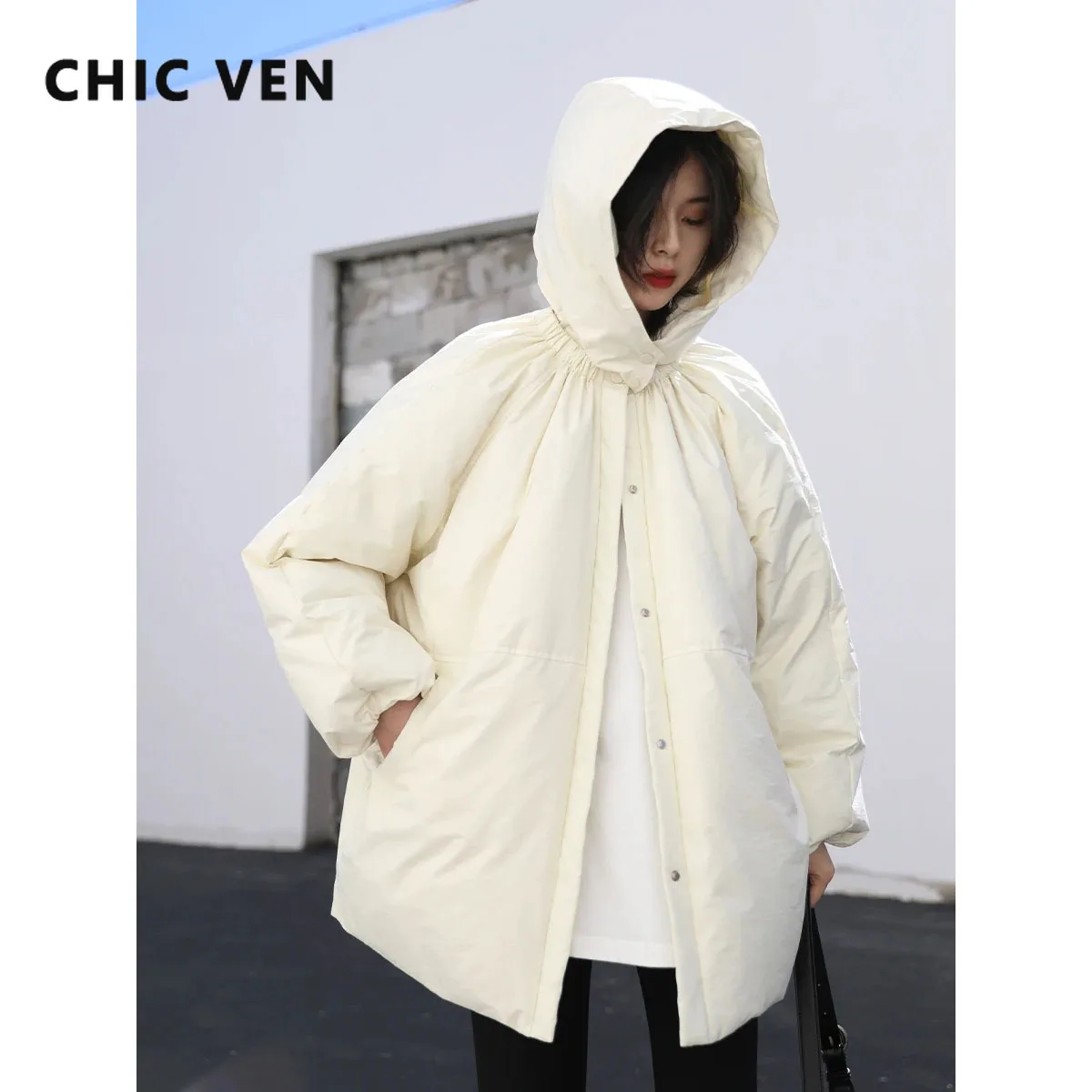 

CHIC VEN Women Down Coats Solid Loose Hooded Cloak Down Jacket Mid-length Female Quilted Coat Autumn Winter 2023