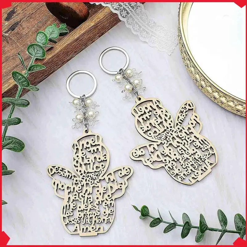 

B17B 60Pcs Baptism Angel Key Ring Baptism Wood Keychain Baptism Favor Baptismal Souvenirs Communion Favors For Boy Or Girl