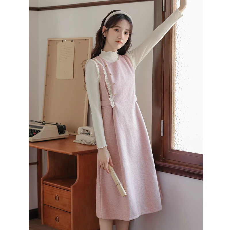 

Pink Woolen Vest Dr Waist-Cinching School orm Sle Two-Piece Set for Young Women Sweet Cute Active Size Girls