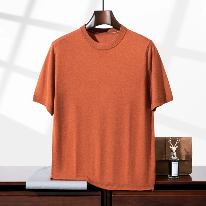 

Летняя новинка: Мужская футболка с круглым вырезом и коротким рукавом из 100% тонкой шерсти, повседневный деловой пуловер для мужчин среднего возраста
