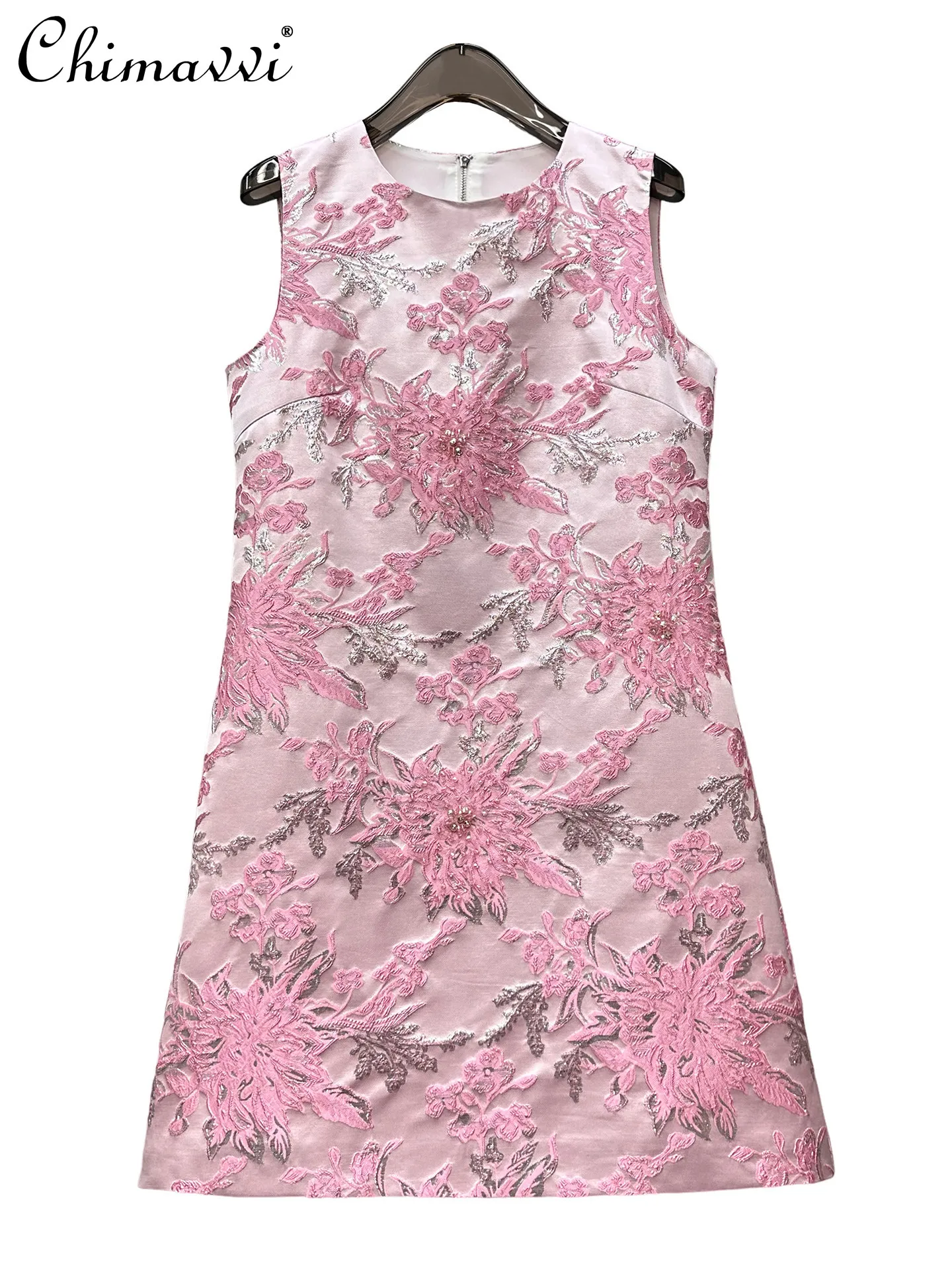 

2026 Summer New Fashion High-End Women's Jacquard Gold Stamping Embroidery Short Dress Elegant Heavy Beading Tank Dress