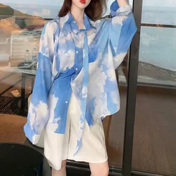 Holiday Sunscreen Clothing 2023 Spring and Autumn Loose and Lazy Wind Blue Sky White Cloud Tie Dyed Gradient Long Sleeve Shirt