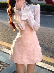 Autumn Winter Korean Fashion Sweet Pink Two Piece Sets White Lace Tops + Slim Cute Dress New Chic Japanese Party Suit Women 2024