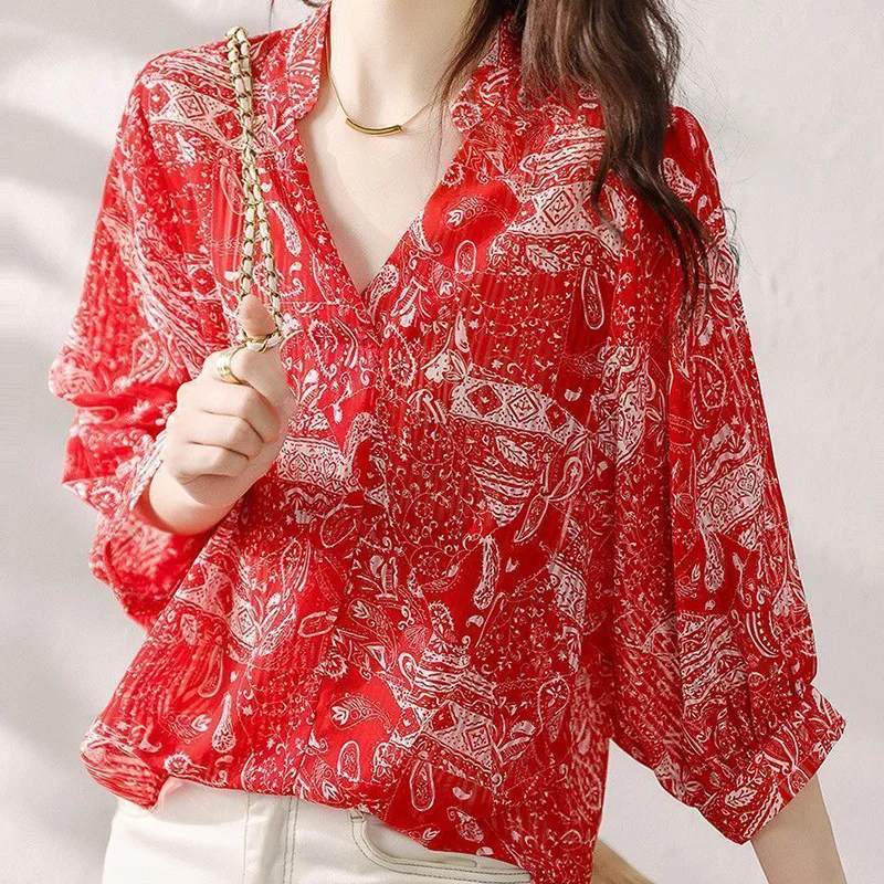 2024 New Summer Retro Loose Casual Aesthetic Office Lady Chinese Style Hollow Irregular Print V Neck Short Sleeve Chic Y2K Tops