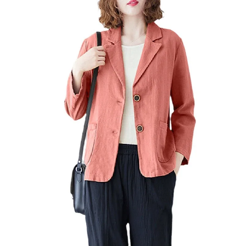 Women Cotton and Linen Blazer Jacket Solid Fashion 2024 Lapel Collar Suit Coat Long Sleeves Korean Loose Office Lady Outwear