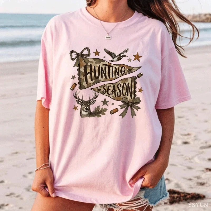 Women Deer Duck Print T Shirt Crew Neck Short Sleeve Soft Rustic Wildlife Bow Star Graphic Tees Female Casual Daily Tops