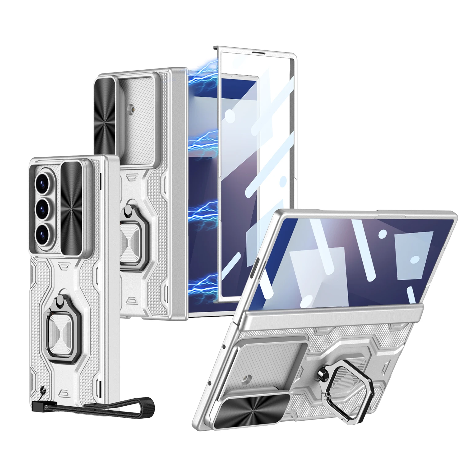 For Samsung Galaxy Z Fold 7 Case Armor Matte Ring Holder Lens Sliding Window Magnetic Folding Hinge with Tempered Film Cover