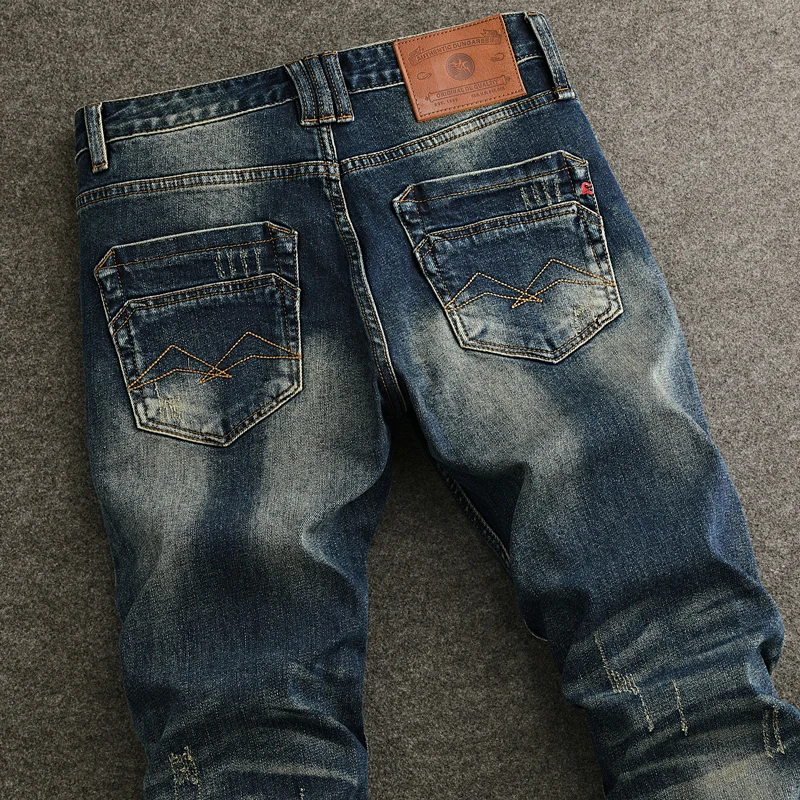 Pantalones vaqueros rasgados de alta calidad para Hombre, Jeans rasgados, elásticos, Retro, lavados, azul, diseño de moda, Vintage