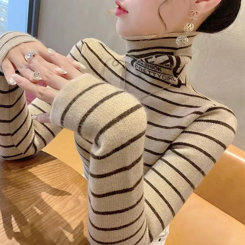 Women Clothing Striped Sweaters Spring Knitted Top Simple Fashion Turtleneck Casual Pullovers Female Soft Elasticity Slim Jumper