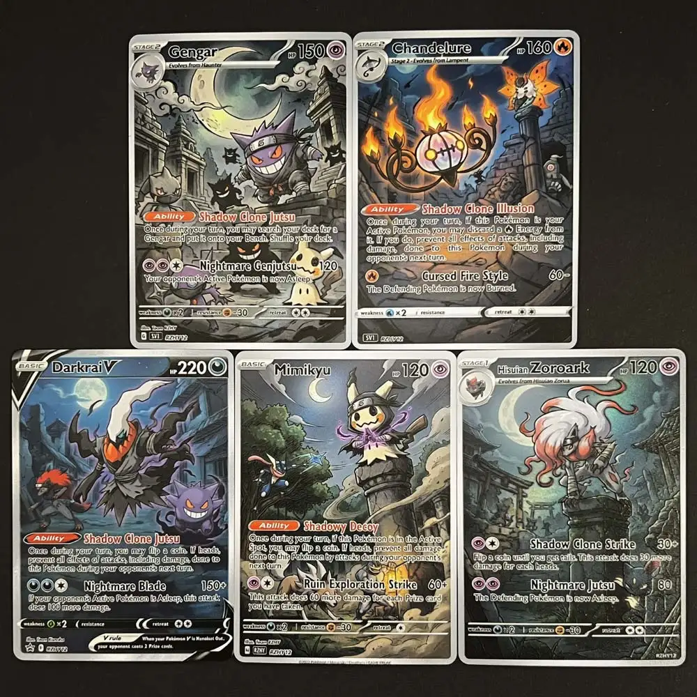 5Pcs PTCG Cards Gengar Chandelure Zoroark Mimikyu Darkrai Gift Collection 5Pcs Rare Holo Card Hobby Present  For Boy