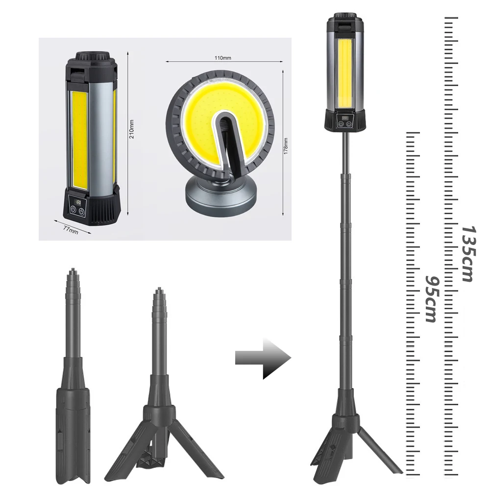 6000mAh LED Work Light, Cordless COB Dimmable Light with Telescopic Stand Ideal for Outdoor Camping Work Rechargeable via Type-C