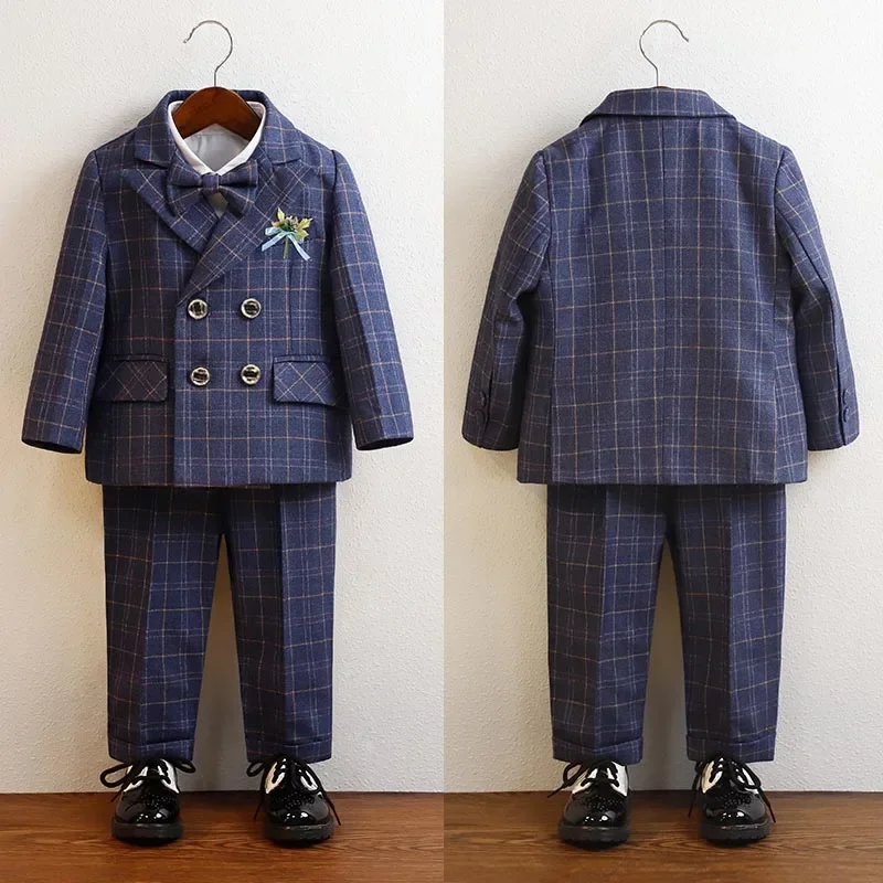 Spring and Autumn Boys Wedding Suit Suit Children's Birthday Dress Blue Plaid Suit Pants Formal 1 To 12 Years Old