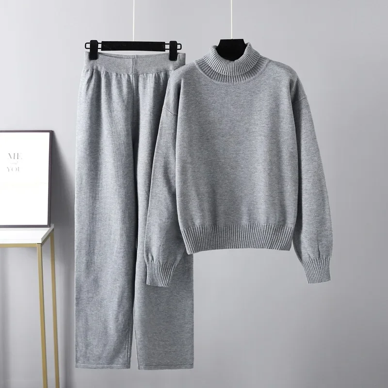 

Winter Knit Sweater Set Women Pants Sets Turtleneck Sweater Elastic Trousers Suits Knitted Two Piece Set Autumn Y2k Streetwear