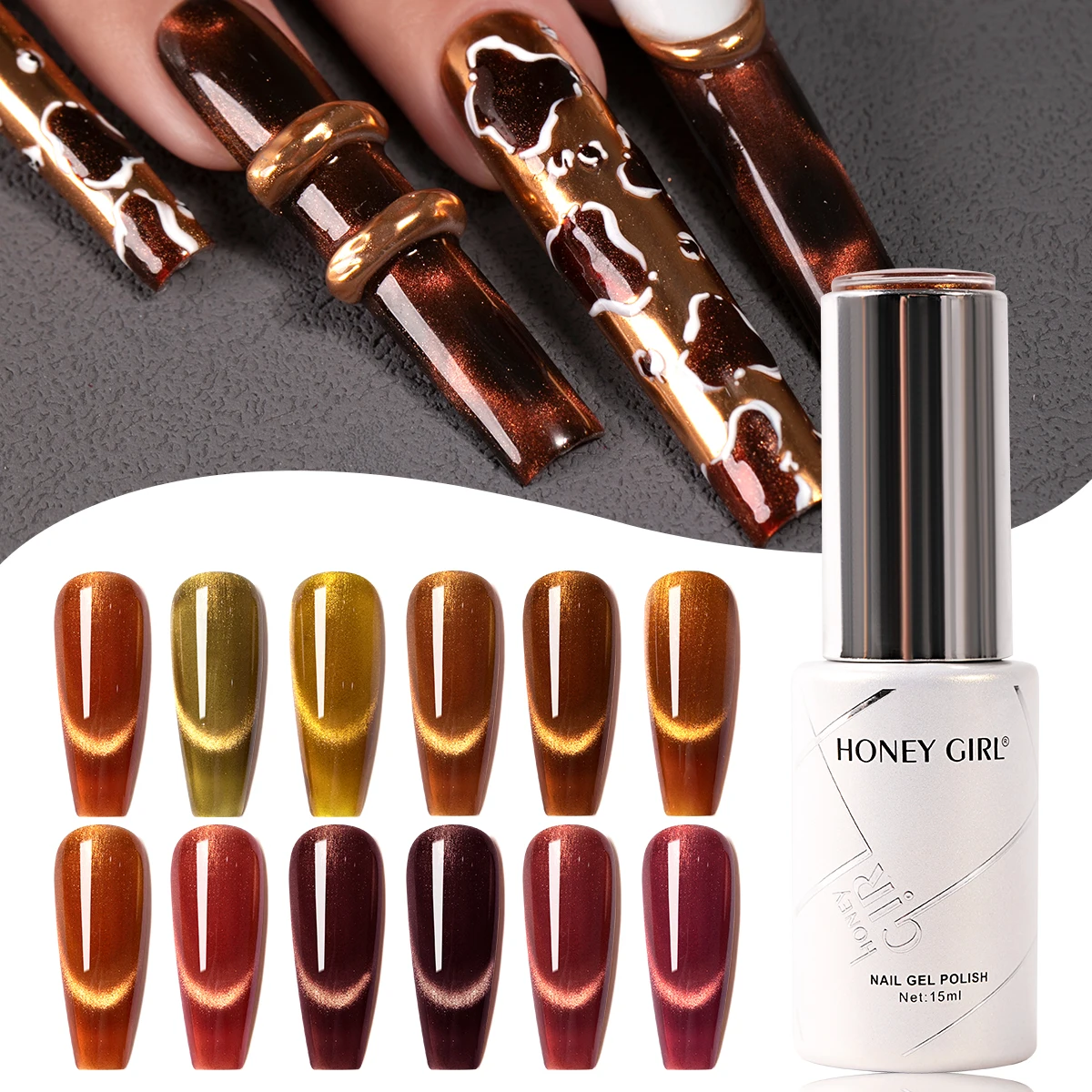 12-color Amber Cat Eye Glue Autumn And Winter Brown Caramel Whitening Nail Polish Glue Set