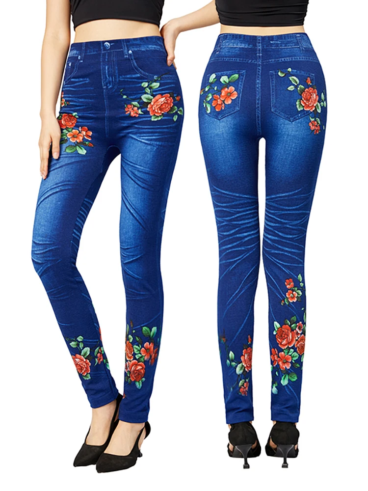 YRRETY Blue Floral Print Jeggings Faux Jeans Women Slim Fit Elegant Pencil Pants Plus Size Stretchy False Denim Legging Dropship