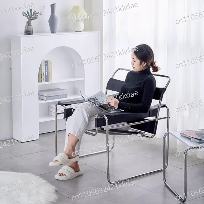 

Mid-Century Single Chair for Living Room Photo Prop Home Decor Vintage Saddle Leather Sofa Chair with Stainless Steel Frame