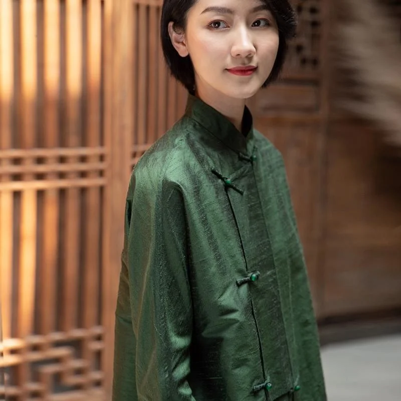 Dark Green Chinese Collar Long Sleeves Ethnic Style Shirt Women Cheongsam Top Tang Suit Vintage Femme Traditional China Blouse