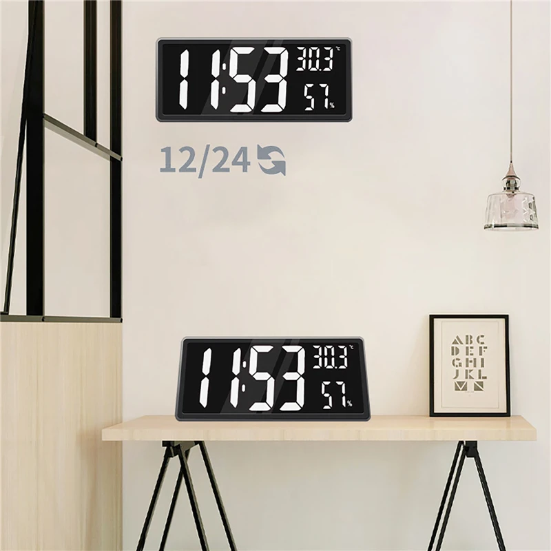 Wall Hanging Digital Clock Temperature and Humidity LED Wall Clock Brightness Adjustment Night Mode 12/24H Mute Electronic Clock