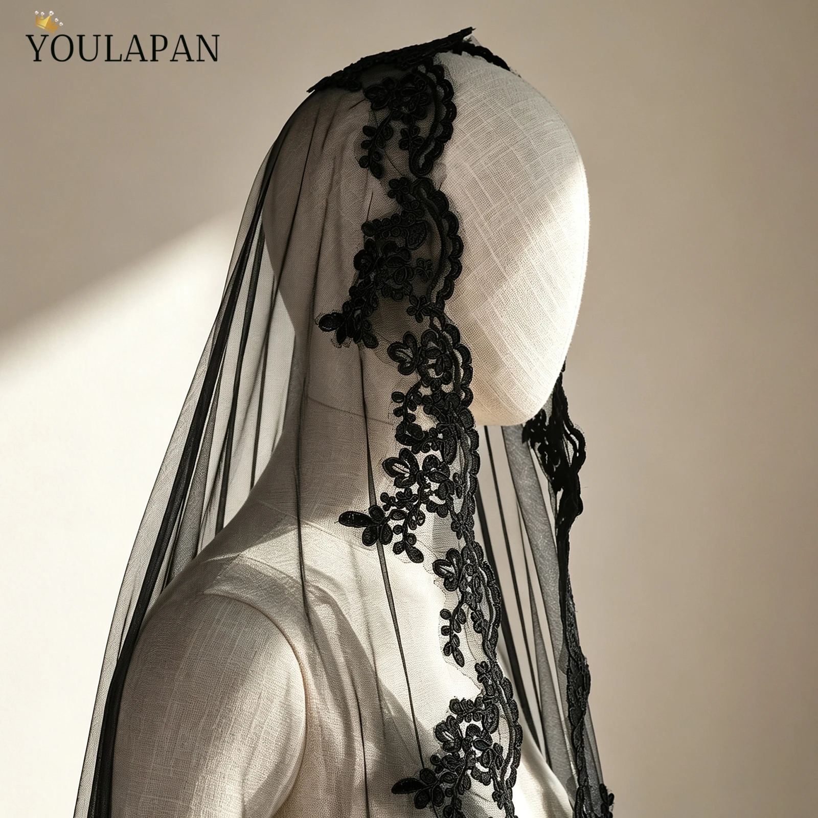 TOPQUEEN Mantilla Encaje EspañOla Black Veil Covers Face Front And Back Lace Bridal Veil Elbow Length Halloween Accessories V65