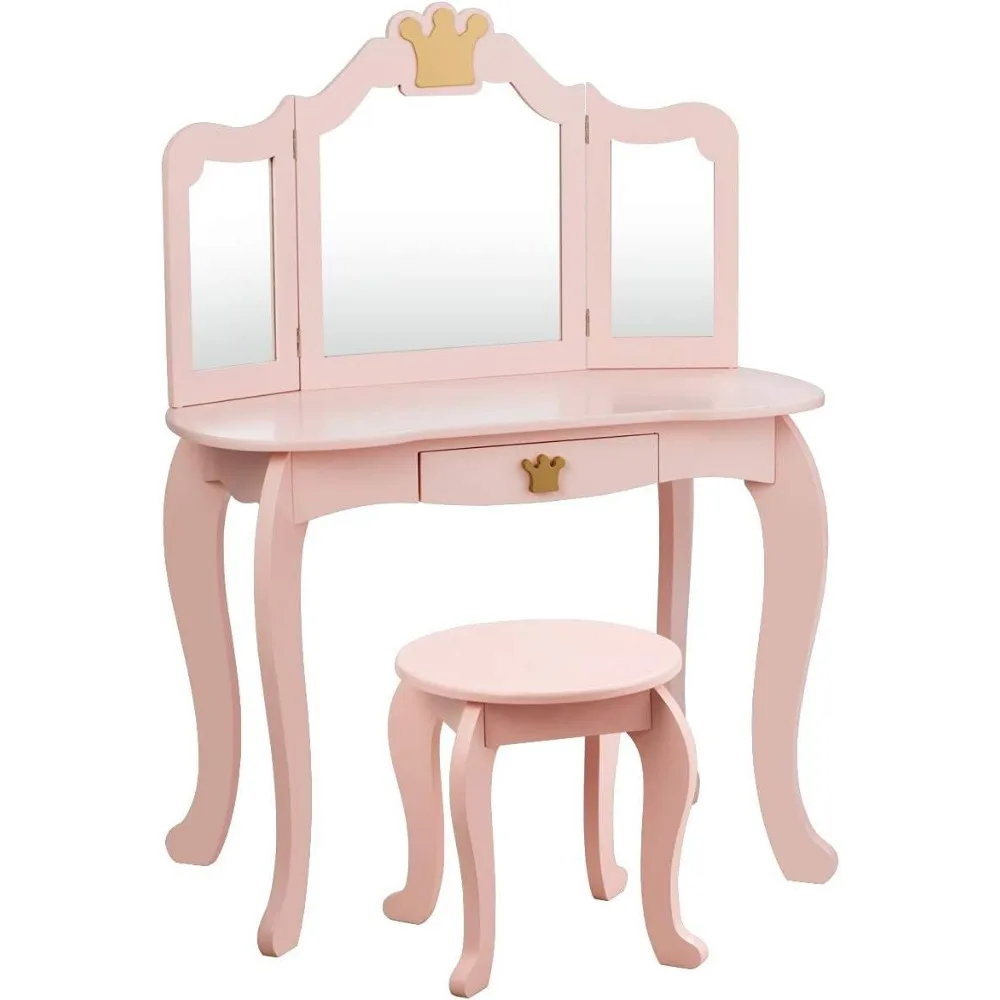 Kids Vanity, Crown Themed Toddler Dressing Makeup Table and Chair Set w/Drawer & Tri-Folding Mirror, Detachable Mirror