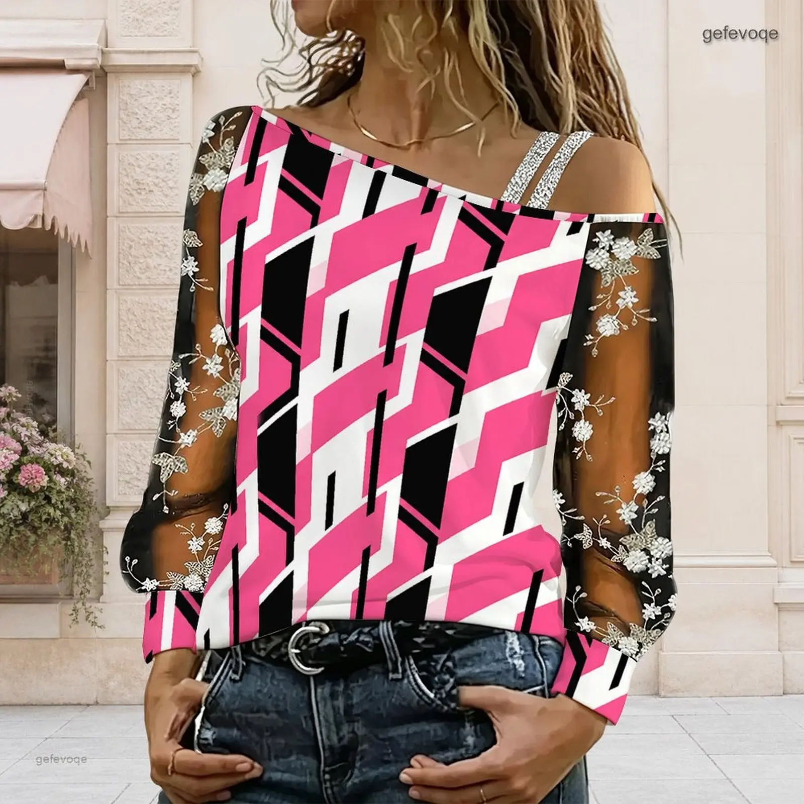 Women Leopard Spotted Print Asymmetric Cold Shoulder Top Long Sheer Floral Embroidery Sleeve Blouse
