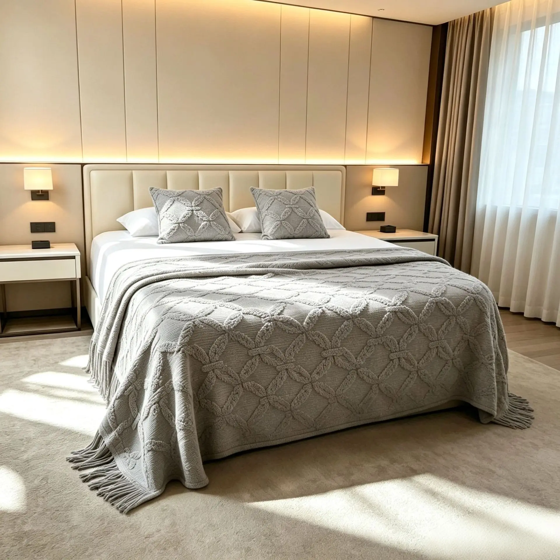 Knitted Throw Blanket with Tassels, 3D Textured Bed Runner, Nordic Solid Bed Cover Decorative Bed Scarf for Hotel Homestay