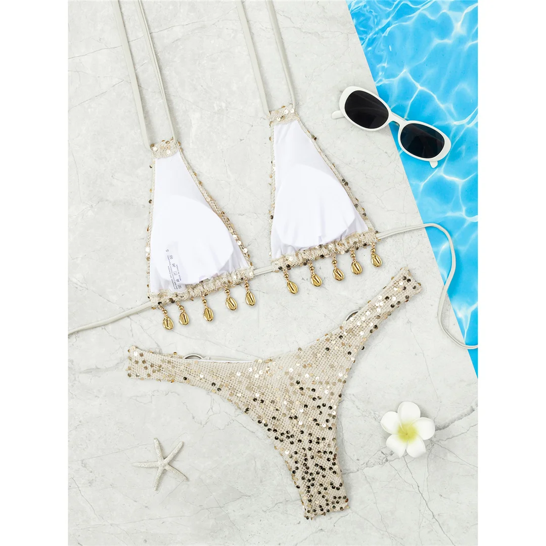 Glänzender Pailletten-Bikini mit Neckholder, Damen-Badeanzug, zweiteiliges Bikini-Set, brasilianischer Badeanzug mit Polsterung, Badebekleidung, Schwimmanzug V7619 – Detail 4