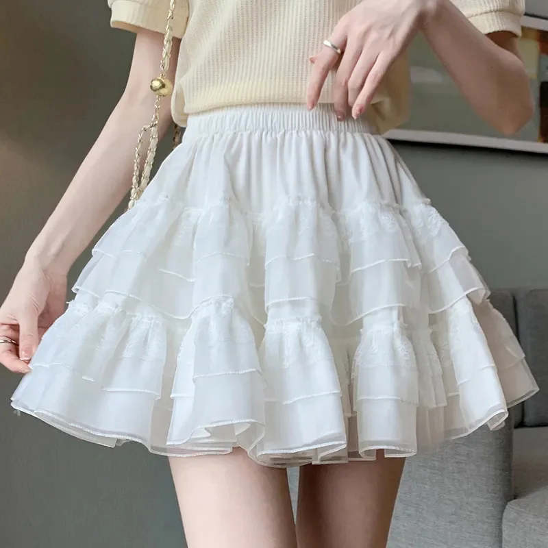 Korean Mesh Patchwork Cake Skirt Women Lace Layered Sweet High Waisted Skirt Preppy Style A Line Flared Summer Fashion Skirt