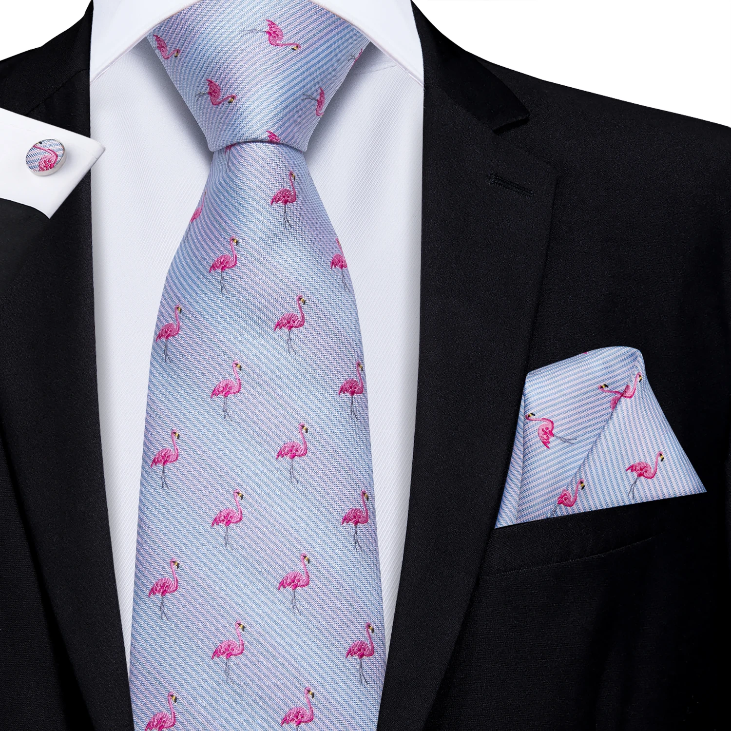 Novelty Animals Men Tie Hankerchief Cufflinks Set Woven Flamingo Spider Rabbit Cat Eagle Bat Penguin Necktie For Wedding Party