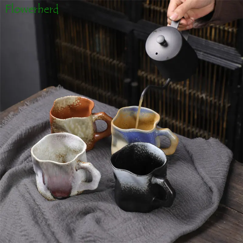 Irregular Shape Mug Kiln Change Ceramic Tea Coffee Cup with Handle Polychromatic Creative Pottery Water Mugs Coffee Cups Retro