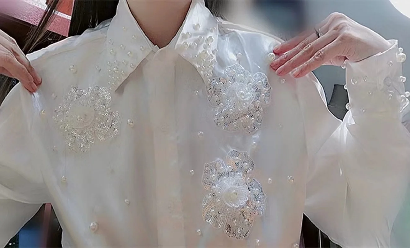 New In 2024 White Beaded Sequined Embroidery White Shirts For Women Long Sleeve Buttons Up Blouses Fashion Top