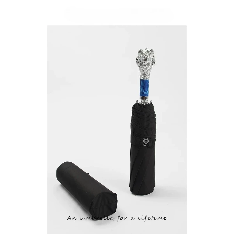 Silver Lion Foldable Umbrella Business Rain Sun Parasols High End Compact Travel Umbrella with Animal Handle Luxury Men Gifts