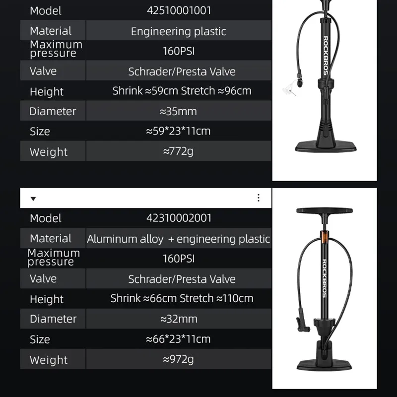 ROCKBROS Bicycle Pump 160PSI High Pressure Motorcycle Pump MTB Road Tire Air Cycling Pump Schrader Presta Valve Bike Pump