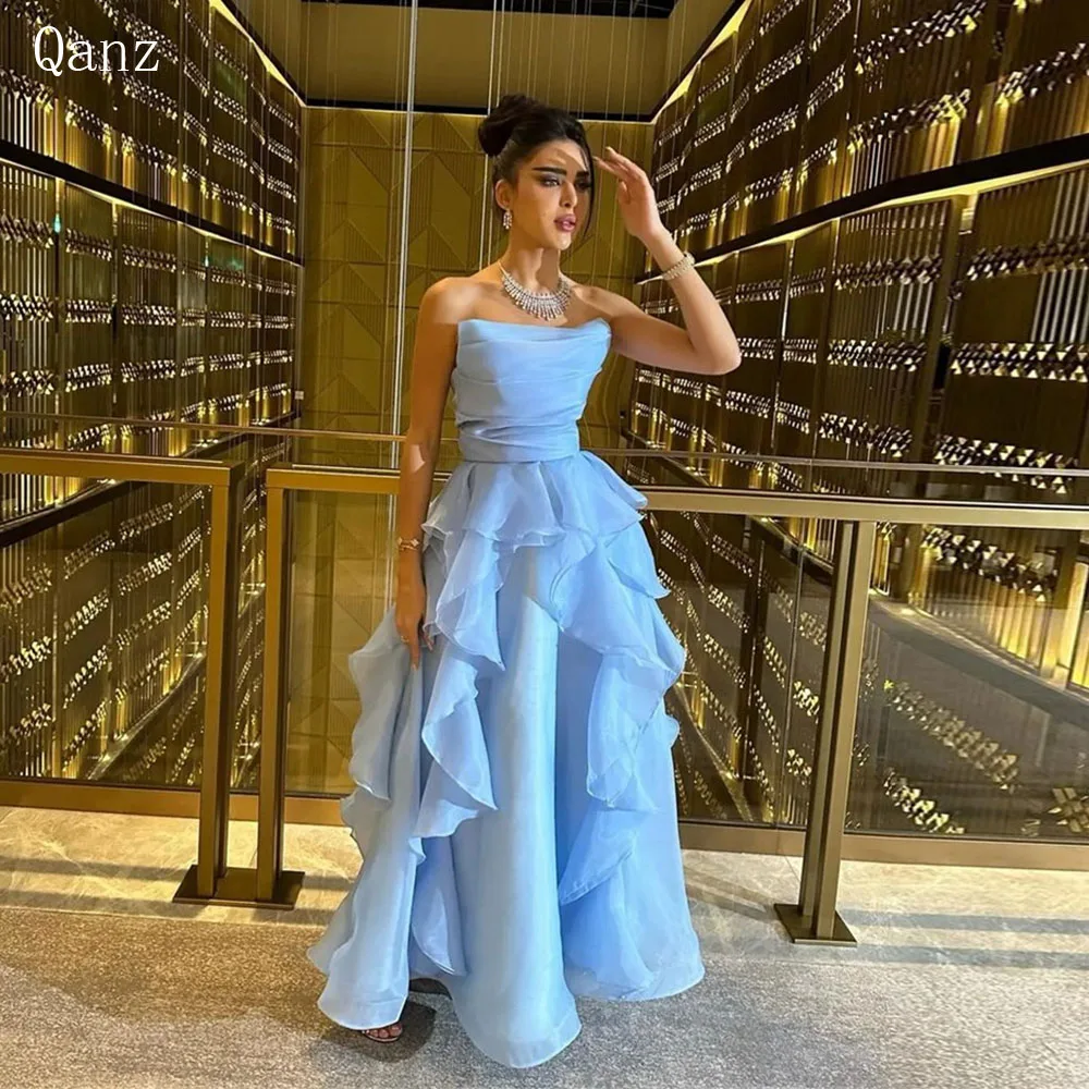 

Qanz Arabic Vintage Evening Dresses Organza Ruched Strapless Saudi Wedding Party Dress Long A lLine Sky Blue Robes De Soirée