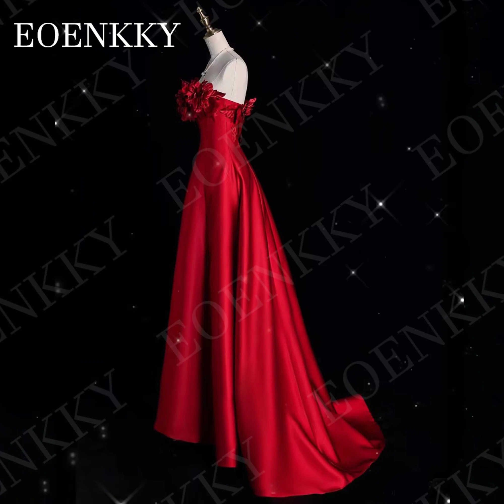 EOENKKY Burgundy A Line Prom Dresses 3D Floral Exquisite Satin Strapless Ceremony Dress Sleeveless Party Woman Customized 이브닝드레스