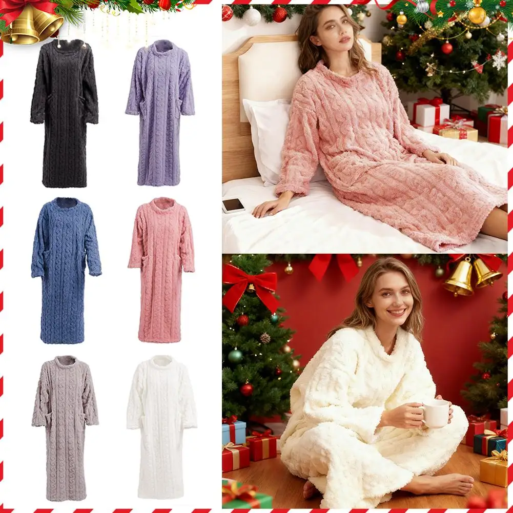Winter Langarm Doppel Tasche Flanell Nachthemden Frauen Lose Feste Nachtwäsche Jacquard Nacht Kleid Verdickt Warme Nachthemd
