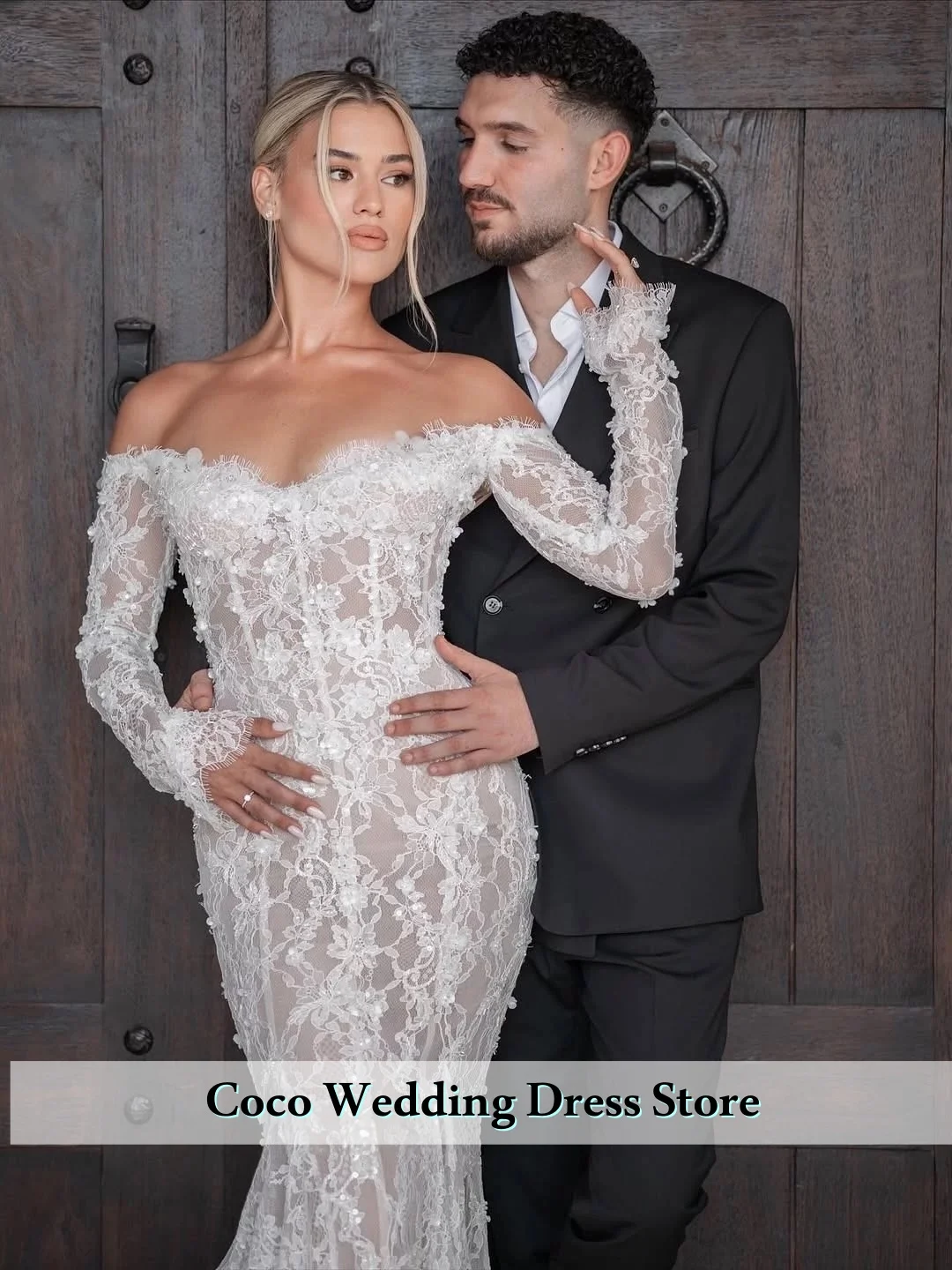 Customized Elegant Sexy Off The Shoulder Mermaid Wedding Dress Lace Long Sleeve Beading Boho Bridal Dresses Vestidos De Novia