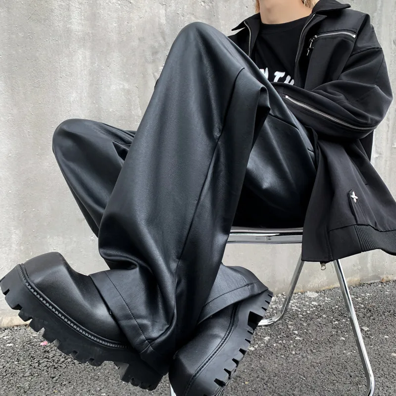 

Black Leather Pants Men Fashion Casual Motorcycle Pants Men Streetwear Hip-hop Loose Wide Leg Pants Mens Leather Trousers S-2XL